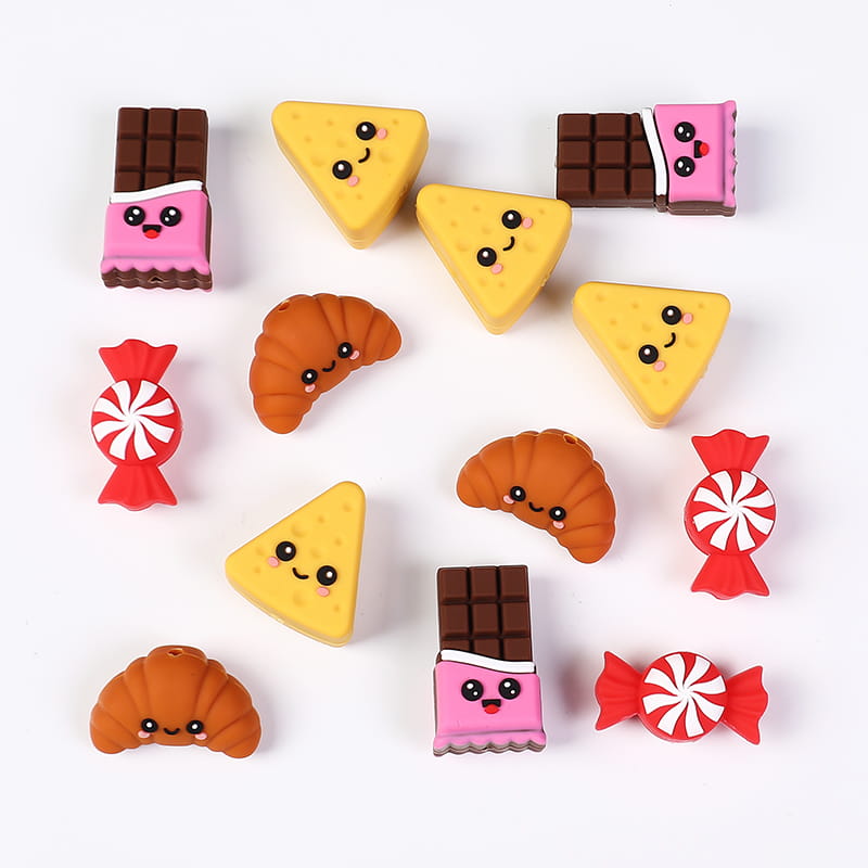 3D Cute Dessert Food Silicone Focal Beads, Croissant, Chocolate & Candy