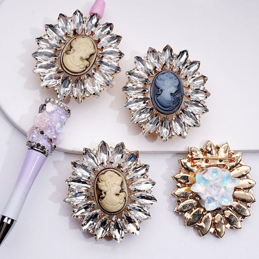 Vintage Baroque Girl Brooch with Ring Gold Alloy, Rhinestones & Clay Beads with Butterflies, Hearts & Snowflakes, 48*53MM