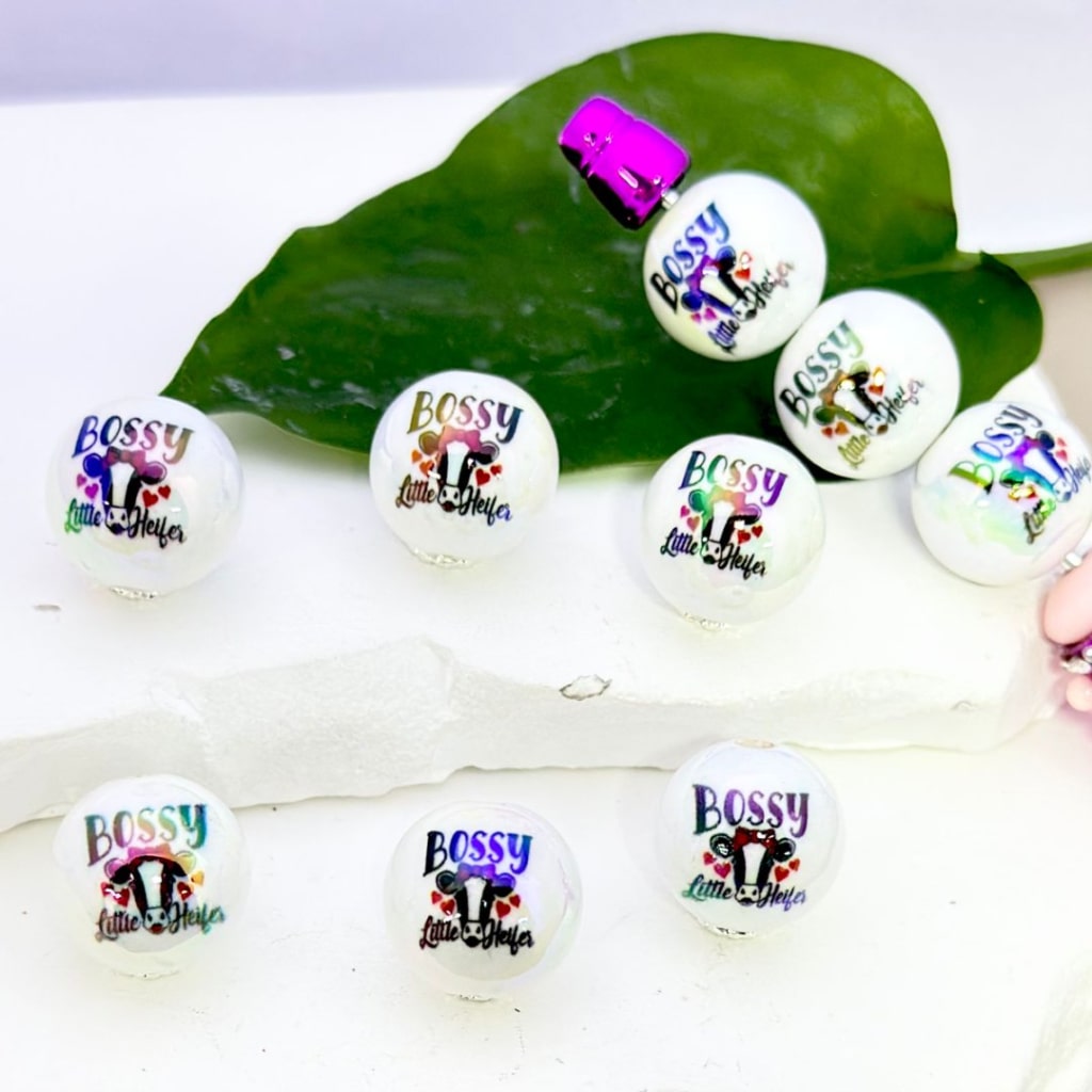 UV Finish Little Hello White Round Cute Cow with Bowtie Red Heart Valentine's Day Bossy Acrylic Beads, 16MM