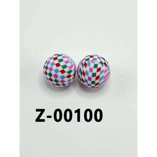 Round Printed Green Blue Red Rose Red Tetrachoric Checkered White Silicone Beads 15mm, Number Z-100