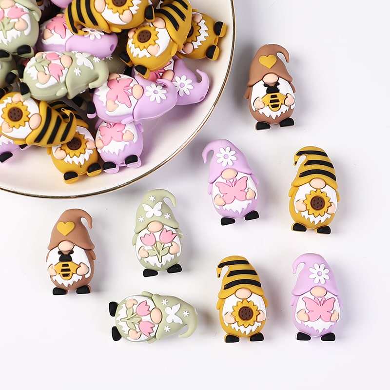 3D Gnome Holding Butterfly, Tulip, Sunflower, and Honeybee Assorted Styles Multi Color Silicone Focal Beads