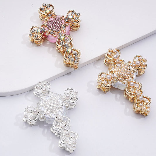 Luxurious Gold Silver Alloy Cross Clay Beads with White Pearls and Clear AB Rhinestones, 46x60MM
