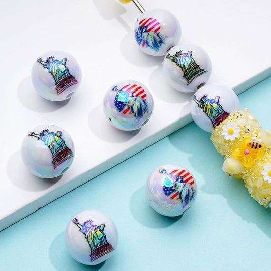 USA America UV Coating the Statue of Liberty White Round Acrylic Beads, 16MM, Random Mix
