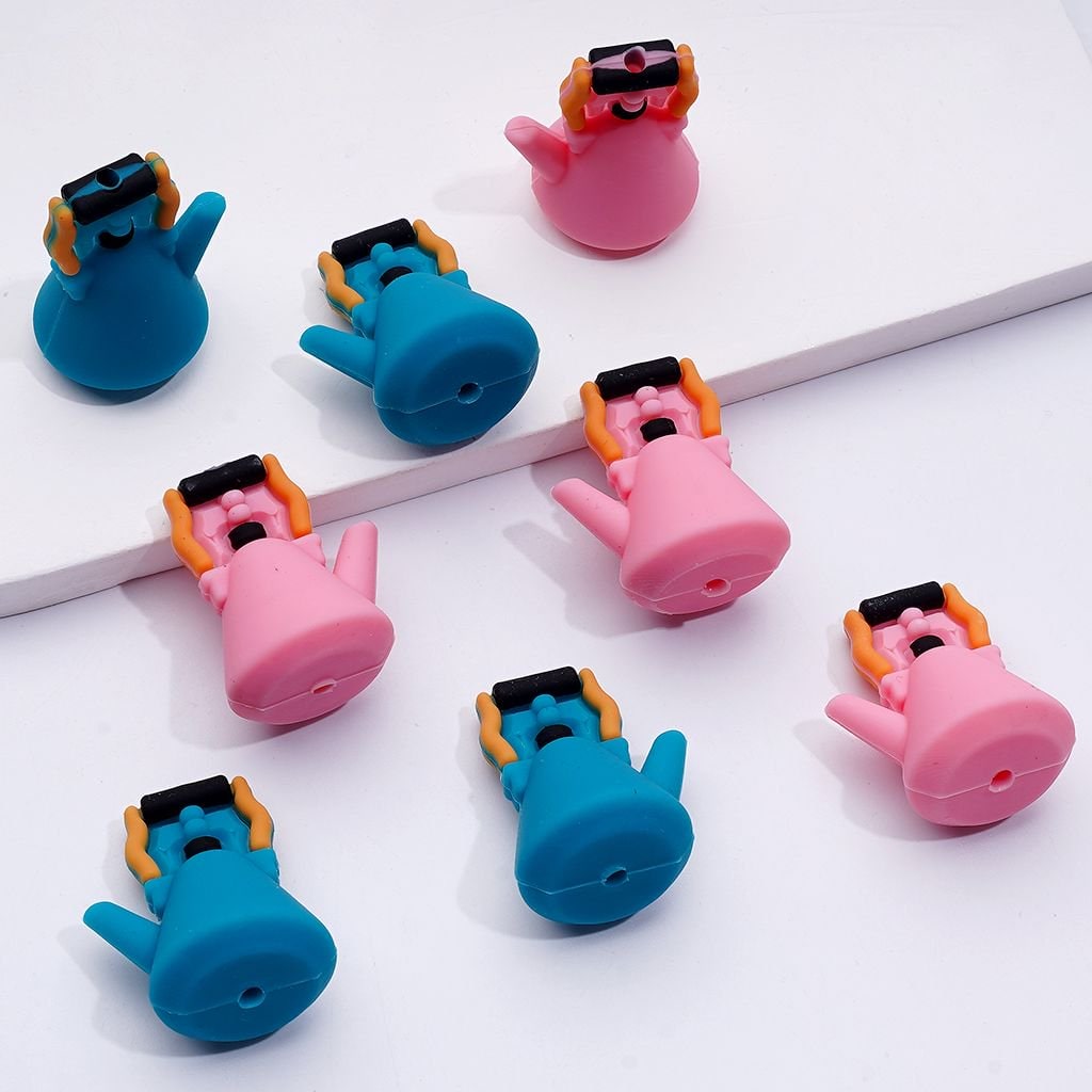 Charming 3D Silicone Focal Beads – Teapot Coffee Pot Theme in Blue & Pink