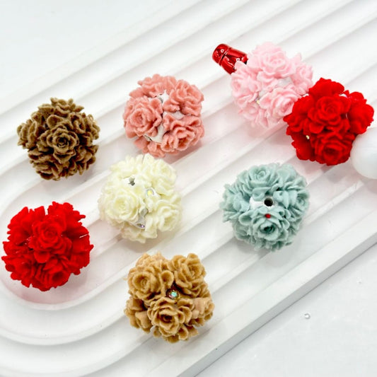 Mini Cute Colorful Flocked Flowers with AB Rhinestones and Round White Clay Beads, Around 25MM