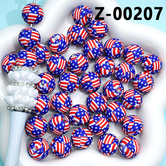 National Flag USA America Printed Silicone Beads 15MM, Number Z-00207
