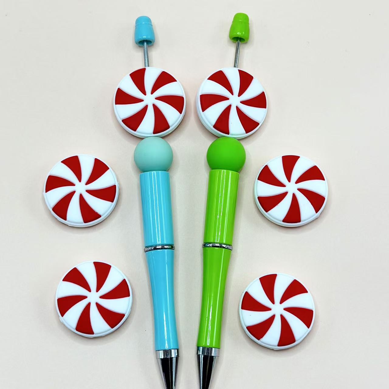 White Peppermint Candy and Red Christmas Round Silicone Focal Beads