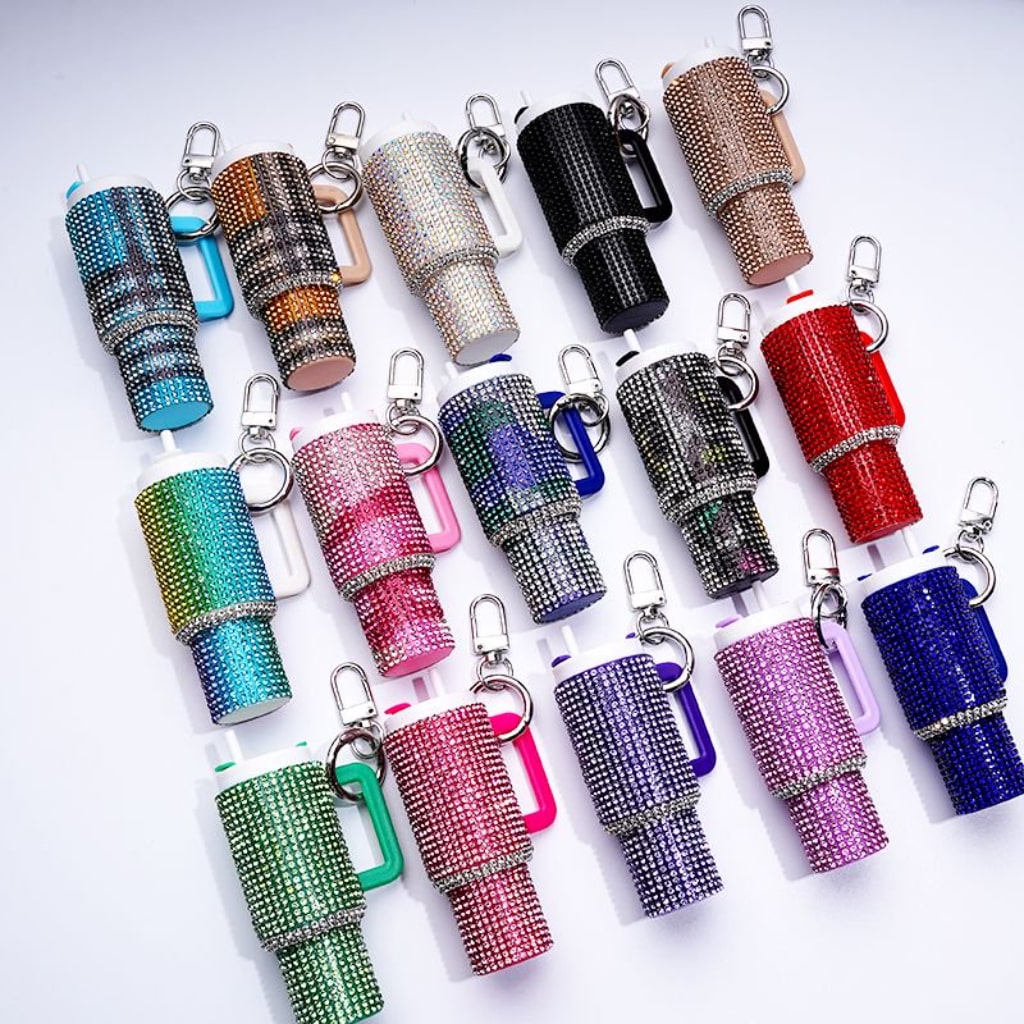 Rhinestones Bling Bling Mini Colorful Tumbler Chapstick Holder, Stanley Keychain Chapstick Holder, Size 10*5*3cm