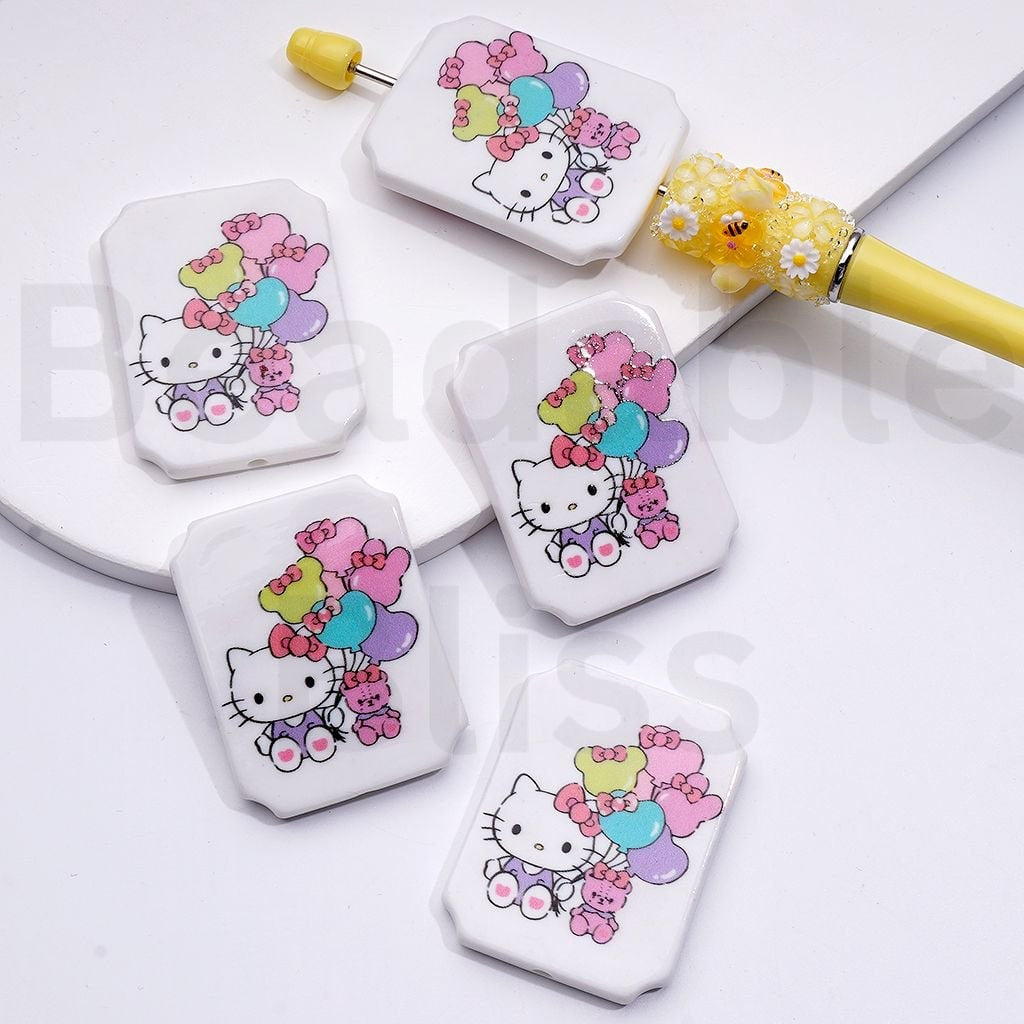 Cute Cat Character with Blue Wings Ice Cream Drives a Car Unicorn Balloons Adorable Character Rectangle Flat Acrylic Beads, Around 45*35MM