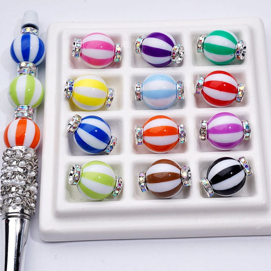 Multi-Color Striped Acrylic Beads 16MM Round with Mini Silver Alloy Spacers, Random Mix