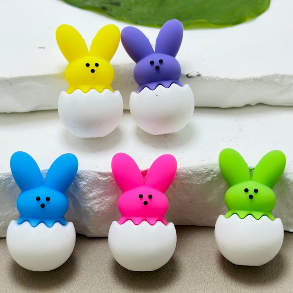 Cute Colorful 3D Little Bunnies Rabbits in Broken Eggs Easter Silicone Focal Beads, Random Mix