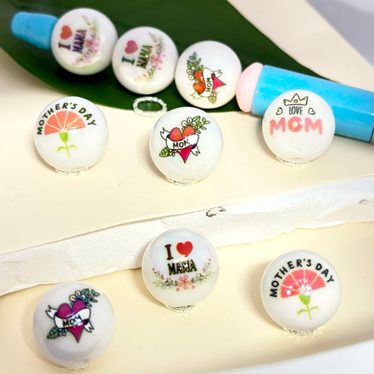 I Love Mom Mama Mother's Day Red Heart White Round UV Finish Acrylic Beads, 16MM, Random Mix