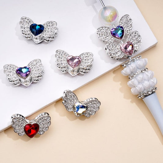 Glittering Silver Alloy Heart & Angel Wings with Clear Multi-Color Rhinestone Beads Approx. 29x17MM