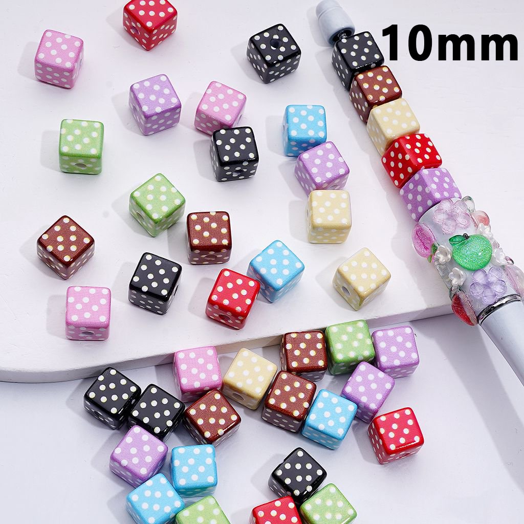 Mini Square Cube Acrylic Beads Featuring Cute White Dot Patterns, 10MM