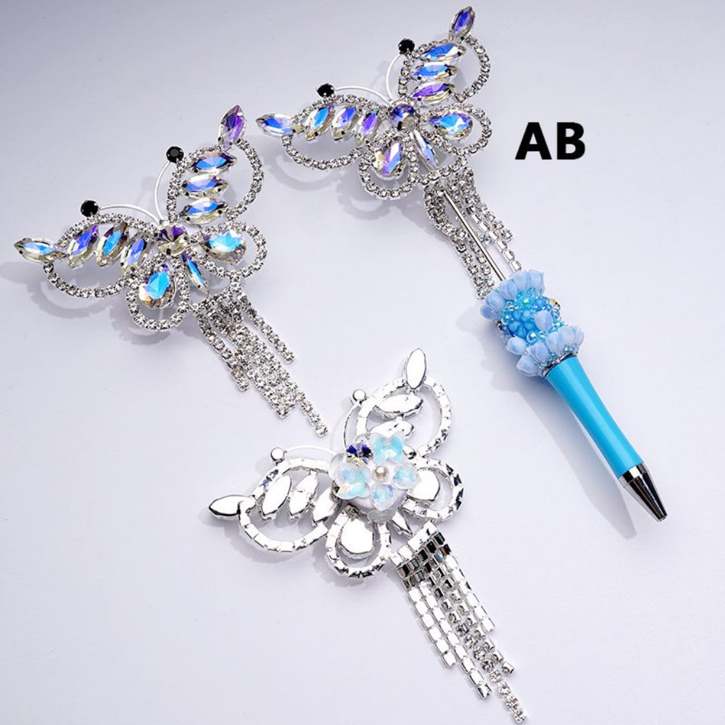 Glittering Silver Alloy Butterfly with Sparkling Rhinestones, Metal Chains & White Pearls Adorned with Hearts, Flowers & Clay Beads Approx. 79x108MM