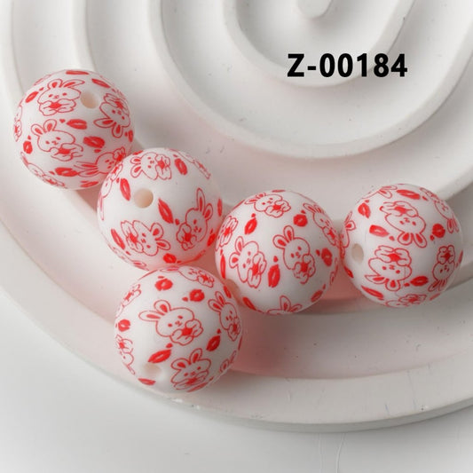 Printed Red Cute Bunny Rabbit Mouth White Round Silicone Beads 15mm, Number Z-00184