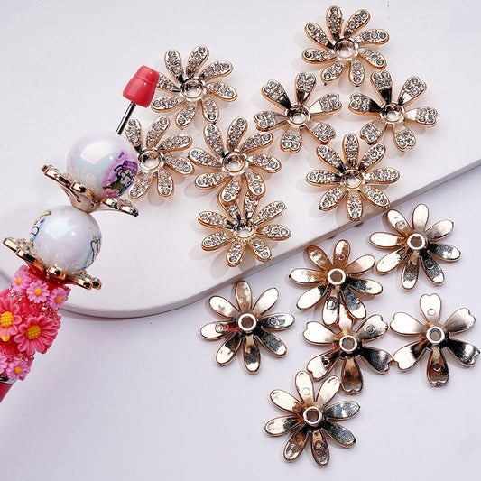 Cute Gold Acrylic Flower Spacer with Clear Rhinestones Jewelry Accessory, Random Mix, Approx. 30MM