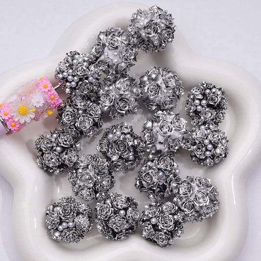 Round Clay Beads Fancy Silver Flower Designs with White Pearls & Shiny Finish, 20MM