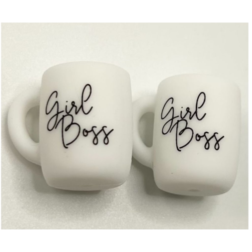 White Coffee Mugs with Girl Boss Text Silicone Focal Beads