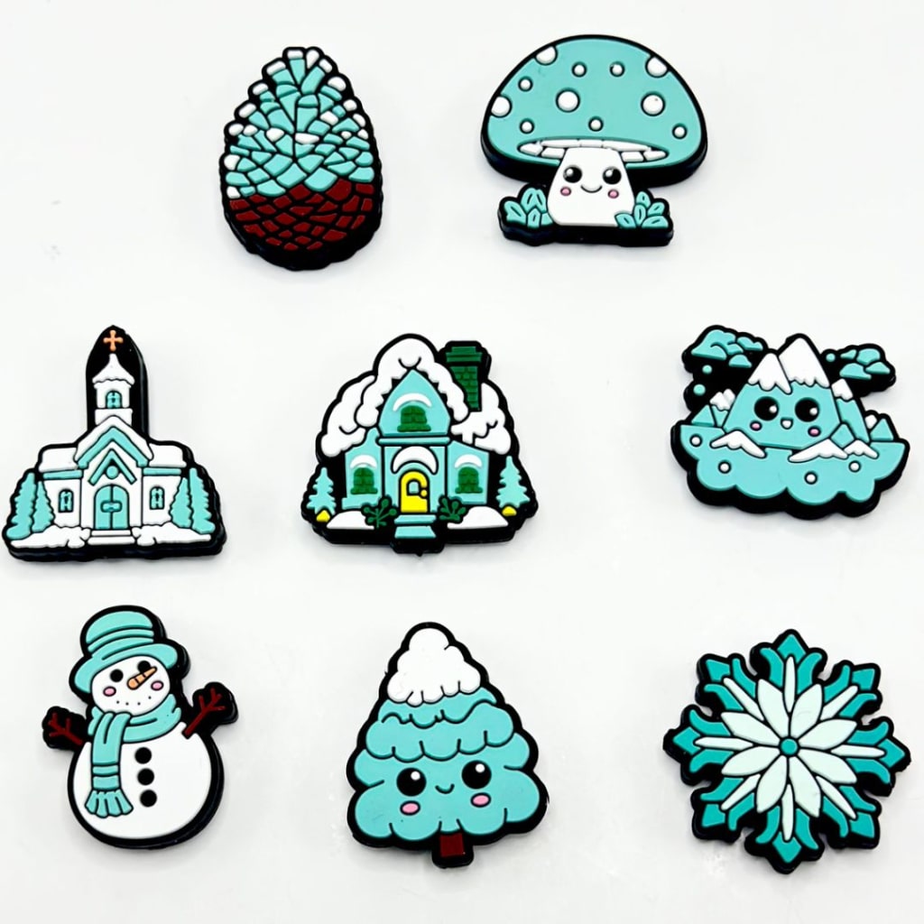 Cone Mushroom Church House Winter Series Pine Iceberg Mountain Snowman Pine Tree Snowflakes Silicone Focal Beads