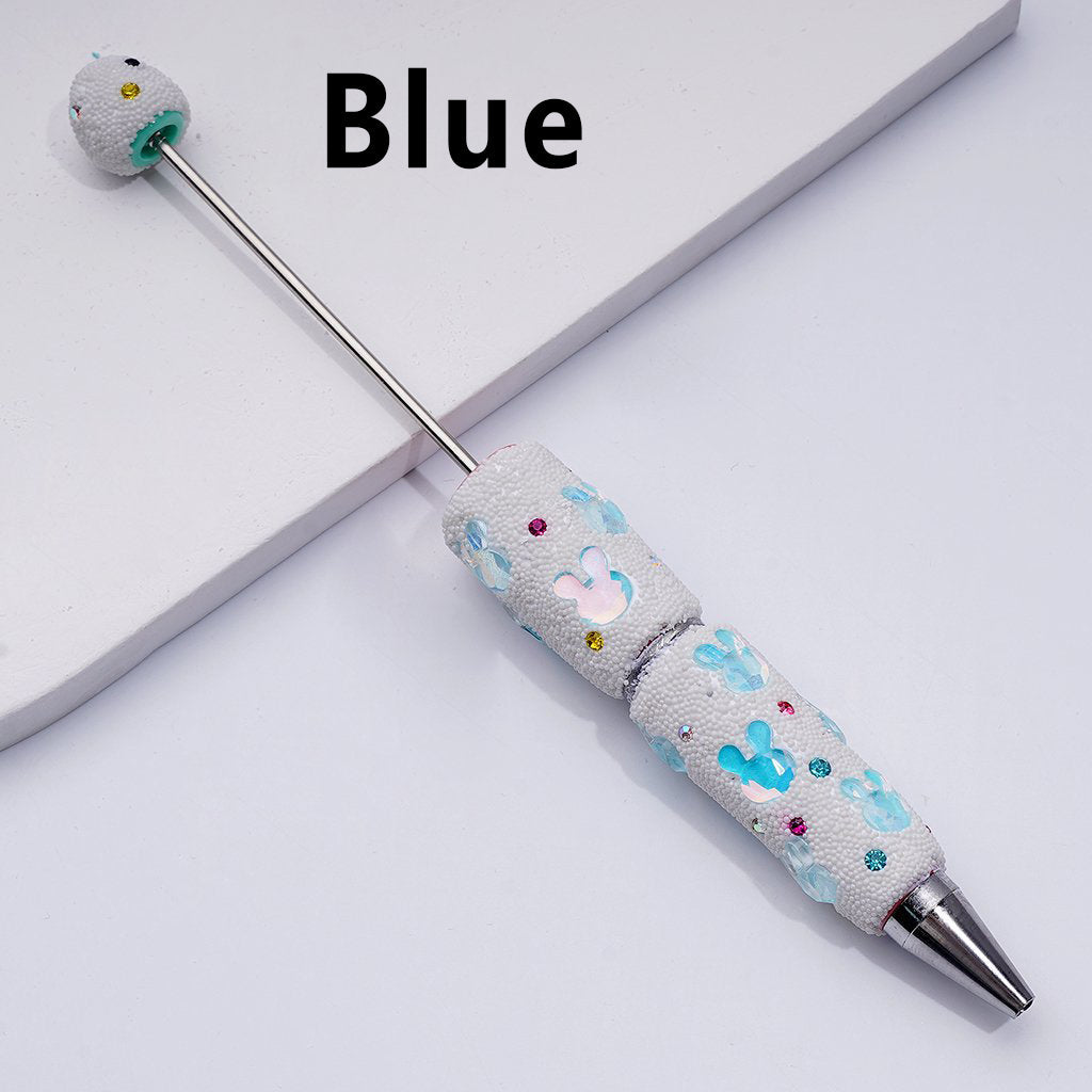Beadable Clay Pens Covered with Colorful Shiny Rhinestones Mini Snow Balls and Cute Bunny Heads Along the Entire Pen