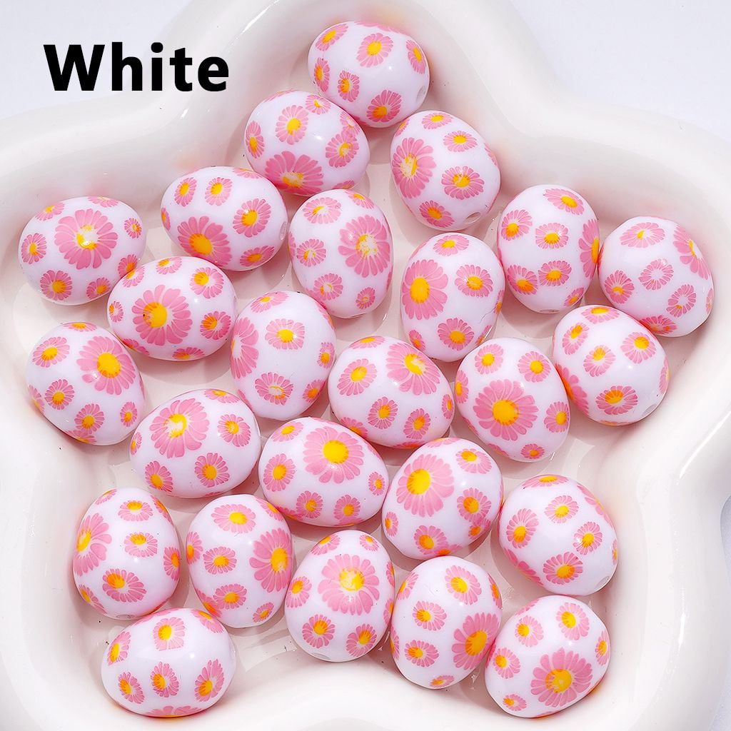 Mini Multi-Color Acrylic Beads – Cute Daisy Flower Print in Oval Egg Shape, 20x16MM