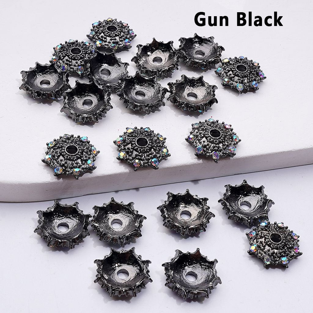 Snowflake Spacer Beads in Gold, Silver, and Gunmetal Alloy with AB Rhinestones, 14MM