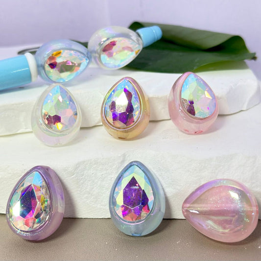 Shiny Glittery Water Drop UV Finish Acrylic Beads with Large Shiny Rhinestone, Around 23*19MM, Please Read the Description