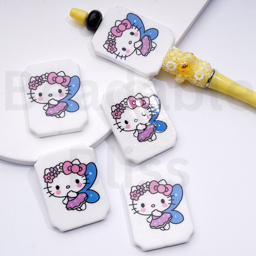 Cute Cat Character with Blue Wings Ice Cream Drives a Car Unicorn Balloons Adorable Character Rectangle Flat Acrylic Beads, Around 45*35MM
