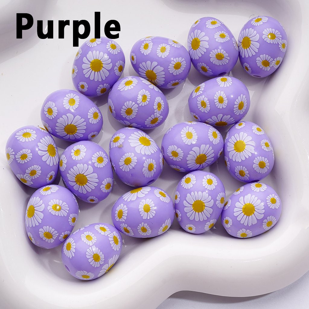 Mini Multi-Color Acrylic Beads – Cute Daisy Flower Print in Oval Egg Shape, 20x16MM