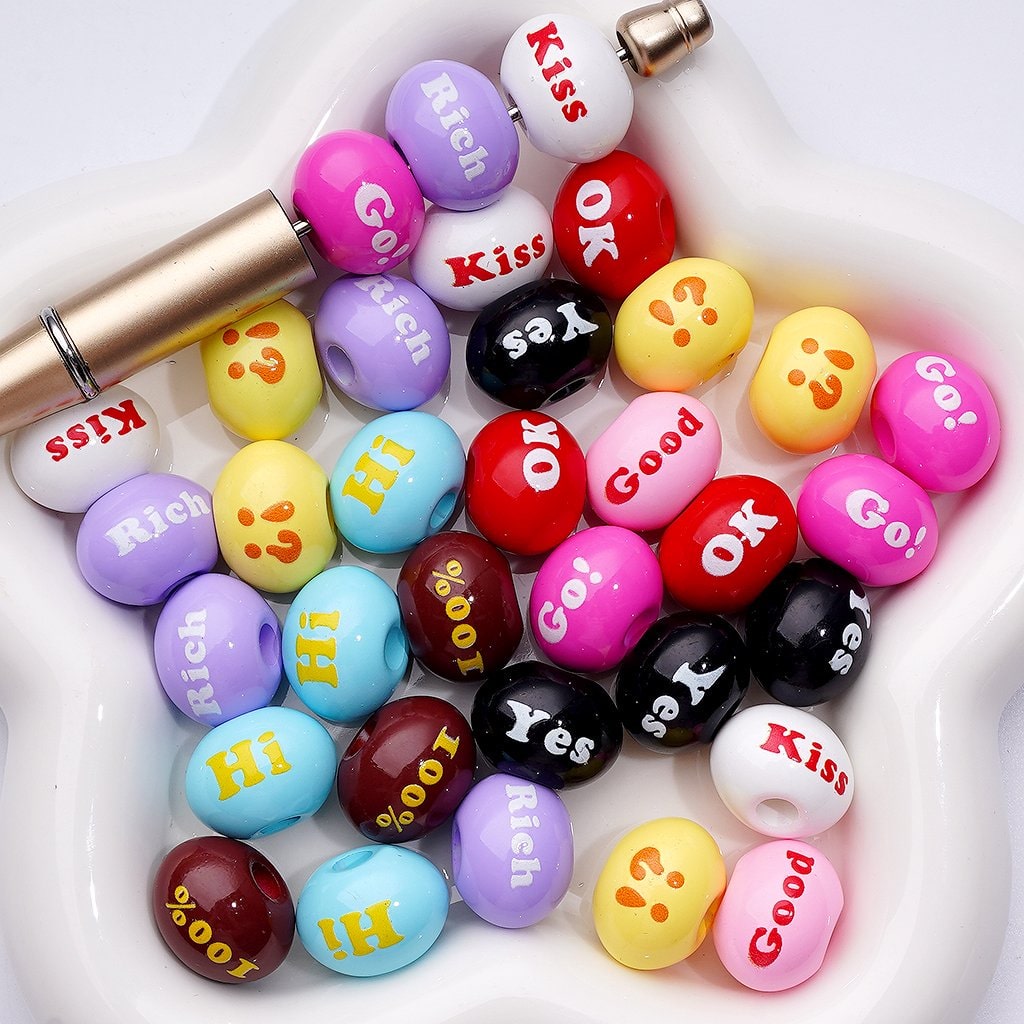 Mini Colorful Oval Beads with English Word Prints – Large Hole Acrylic, 13x15x20MM