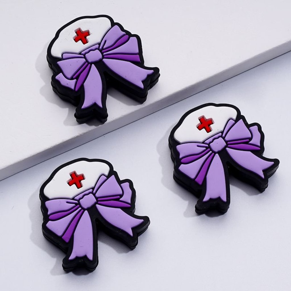 Purple Teal Pink Bowtie with White Nurse Hat Silicone Focal Beads