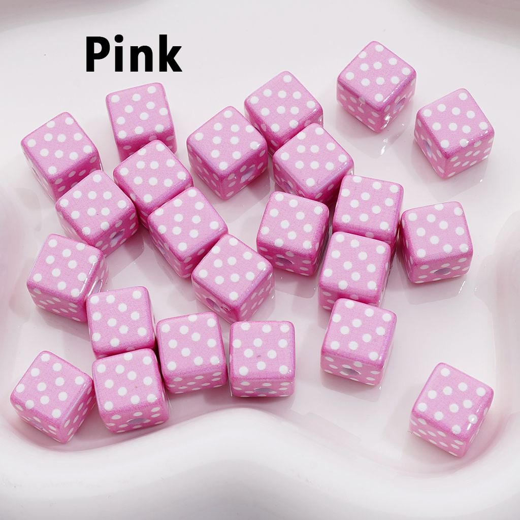 Mini Square Cube Acrylic Beads Featuring Cute White Dot Patterns, 10MM