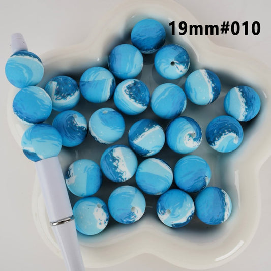 Round Large Blue Ocean Sea Printed Silicone Beads 19MM, Number 010