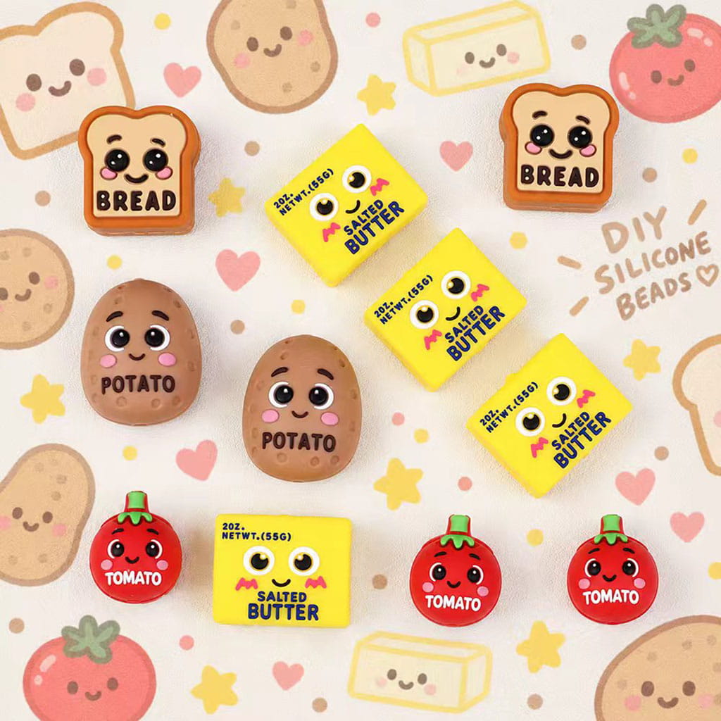 3D Yummy Food Series with Salted Butter, Tomato, Bread and Potato Designs Silicone Focal Beads