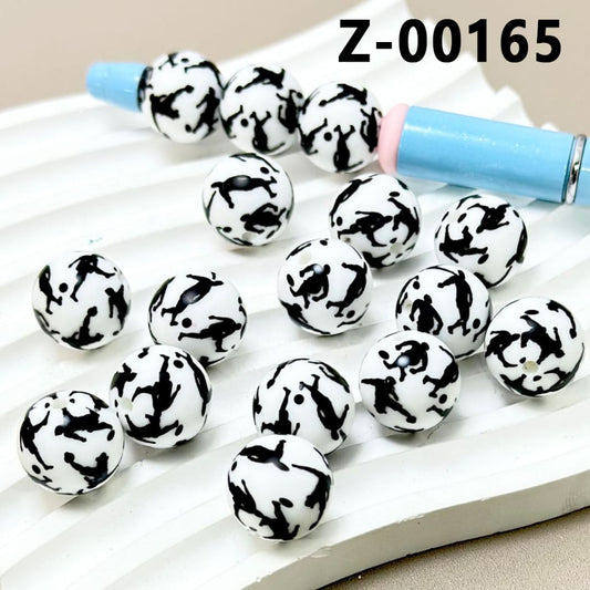 White Round Printed A Man Plays Football Silicone Beads 15mm, Number Z-00165