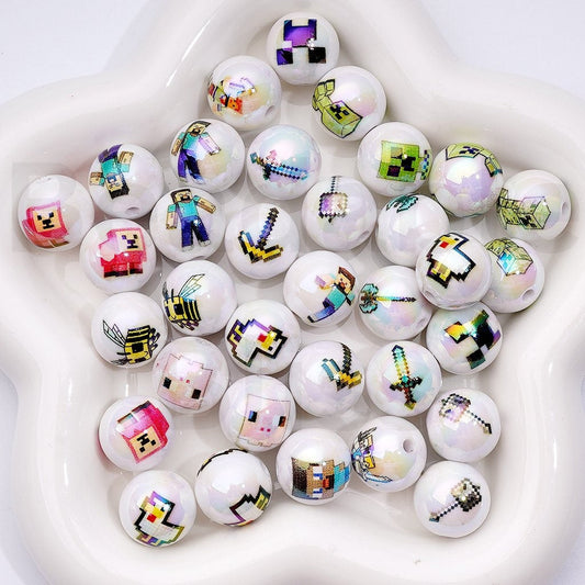 UV Coating Acrylic Beads Minecraft Series, White Round Style, Mixed Set, 16MM
