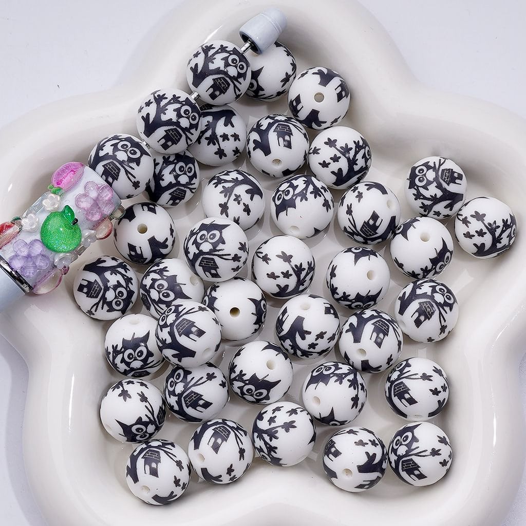 Cute Owl Little Printed Silicone Beads 15MM, Number Z-00243