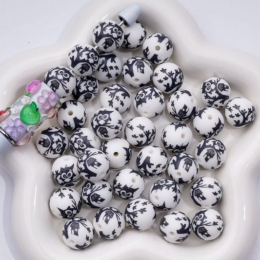 Cute Owl Little Printed Silicone Beads 15MM, Number Z-00243