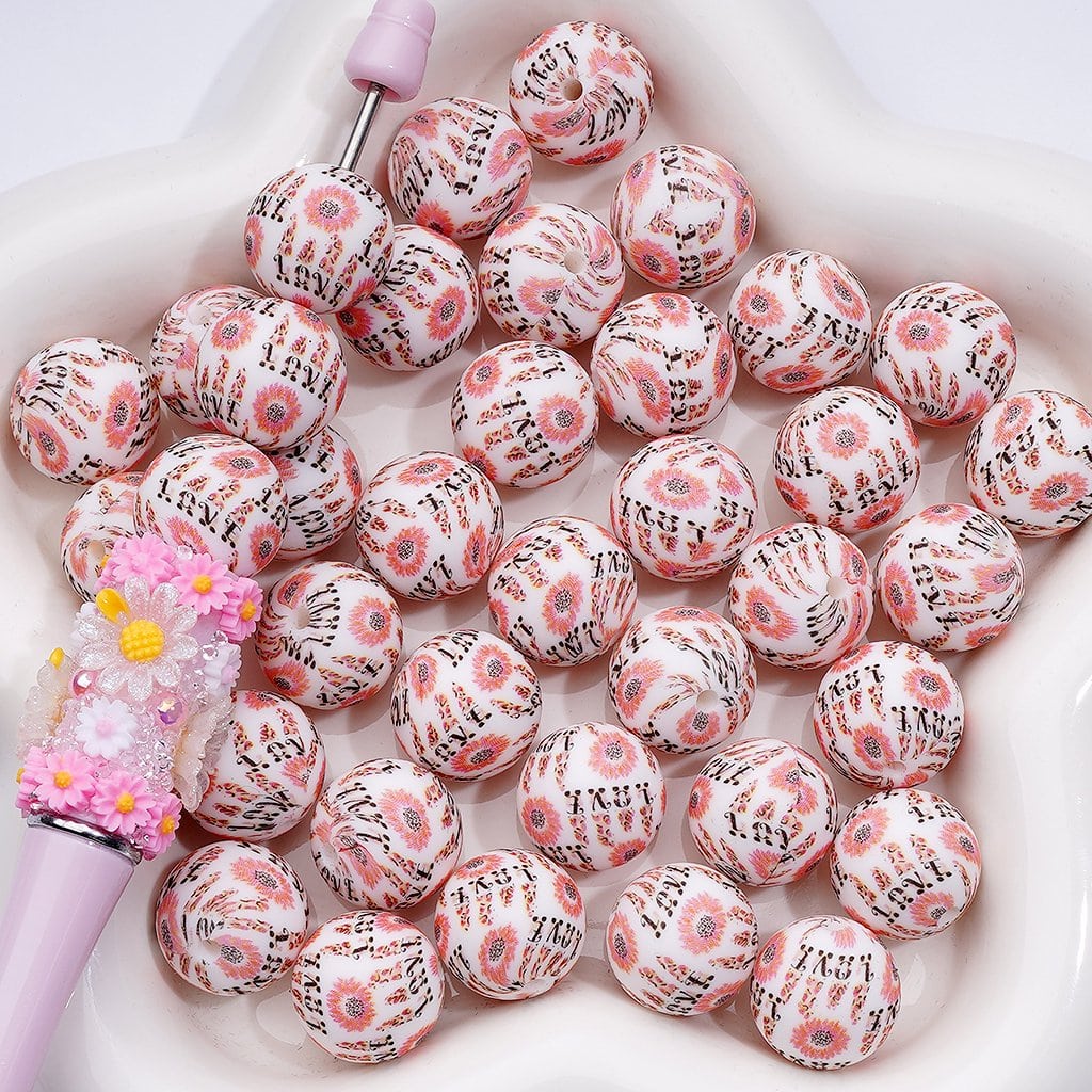 Pink Flower Love Printed Silicone Beads, 15MM, Number Z-00217