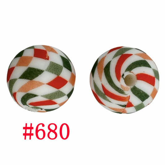 Round Printed Colorful Checkered Chess Plaid Pattern Silicone Beads 15mm, Number 680