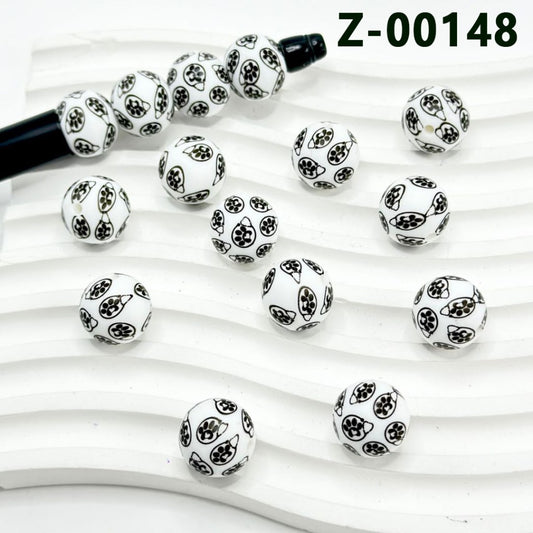Printed Black Paw Print White Round Silicone Beads 15mm, Number Z-00148