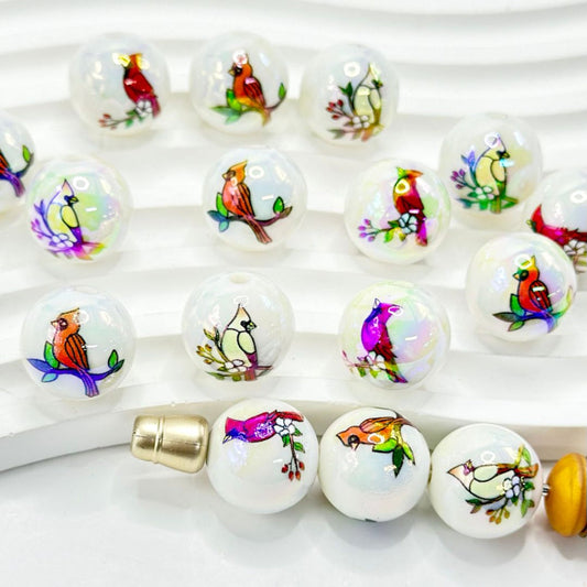 UV Finish Cute Birds Print White Round Acrylic Beads, Random Mix, 16MM