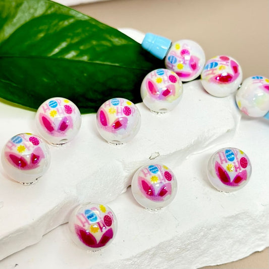 Colorful Eggs UV Finish Hop Hop Cute Bunny Rabbit Easter Glossy White Round Acrylic Beads, 16MM
