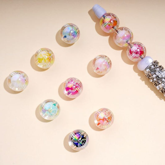 UV Coating Clear Round Acrylic Beads with White Stripes Butterflies Bows Small Colorful Ball Inside, 16MM, Random Mix