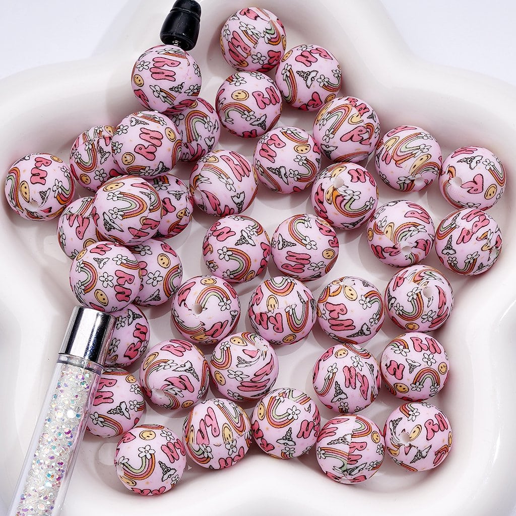 Smile Face Rainbow Flower Angel Printed Silicone Beads in Pink, 15MM, Number Z-00216
