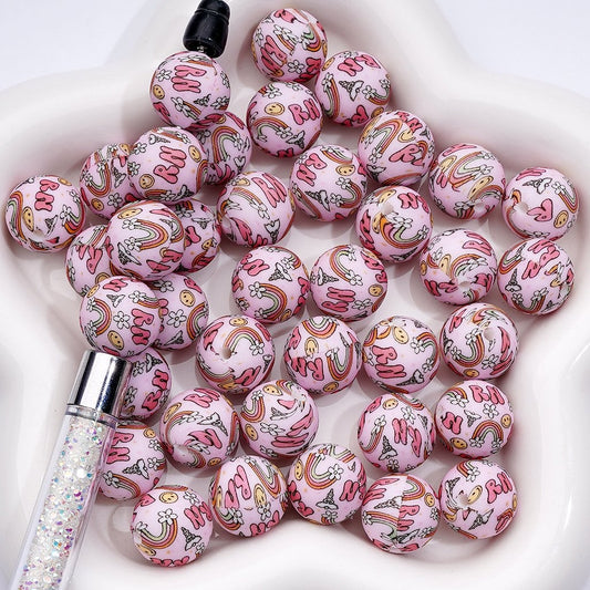 Smile Face Rainbow Flower Angel Printed Silicone Beads in Pink, 15MM, Number Z-00216