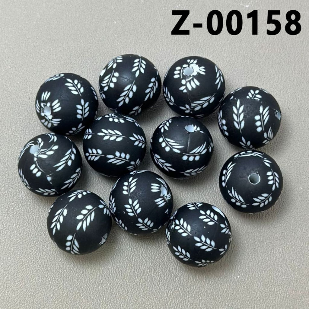 Black Round White Tree Leaves Printed Silicone Beads 15mm, Number Z-00158