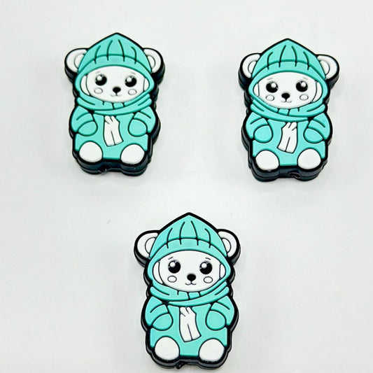 White Little Cute Bear in a Teal Hoodie Coat Silicone Focal Beads