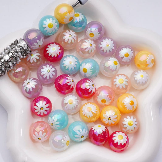 Round Acrylic Beads Jelly Color Daisy Flower Designs, Cute Style, 16MM, Random Mix